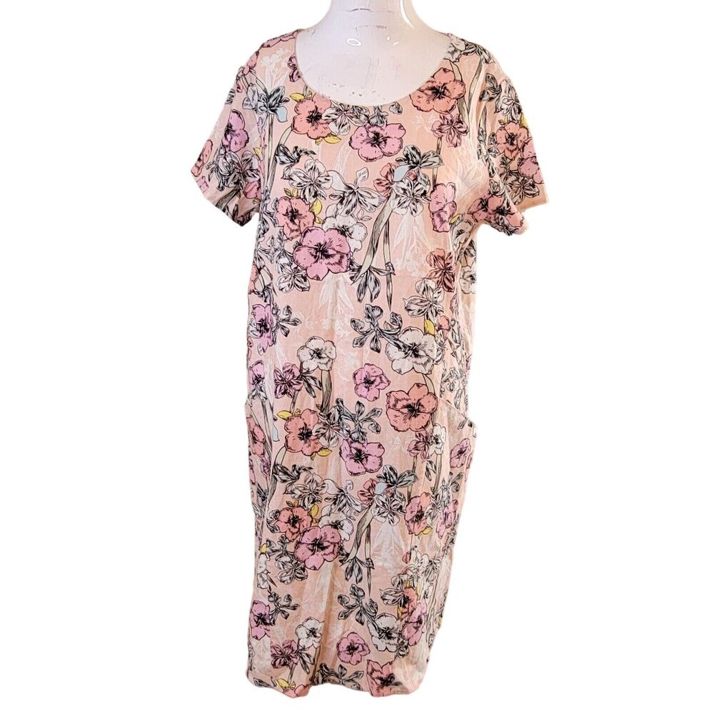 For Cynthia Medium Dress women flower pink button pockets texture shift linen